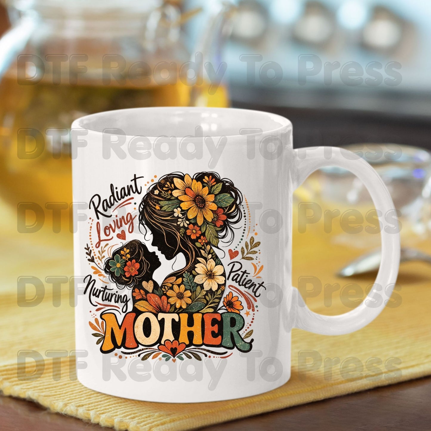 Mother Radiant Loving Nurturing Patient DTF Transfer Ready to Press Retro Floral Silhouette Heat Transfer for Shirts Mama UV Sticker Prints