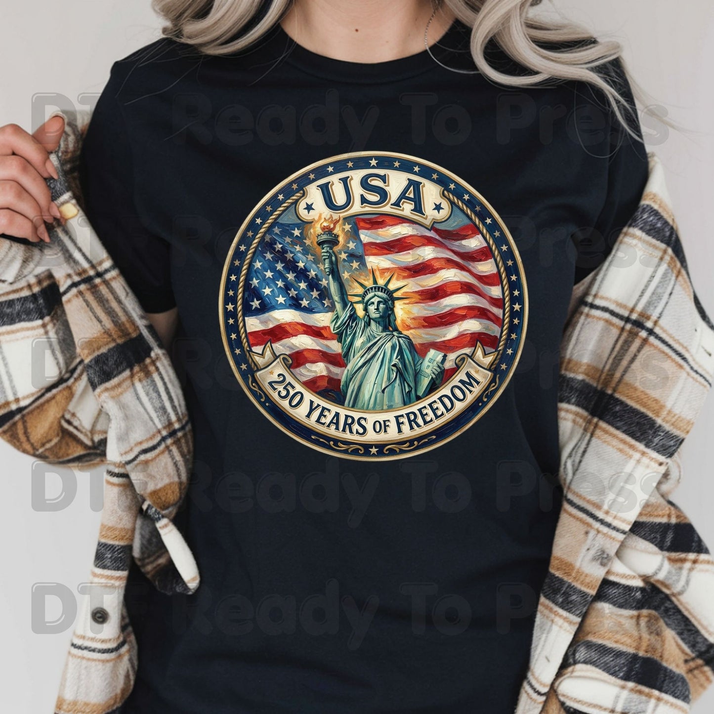 USA 250 Years of Freedom DTF Transfer Ready to Press Statue of Liberty Patriotic Anniversary Heat Transfer for Shirts 1776-2026 UV Sticker