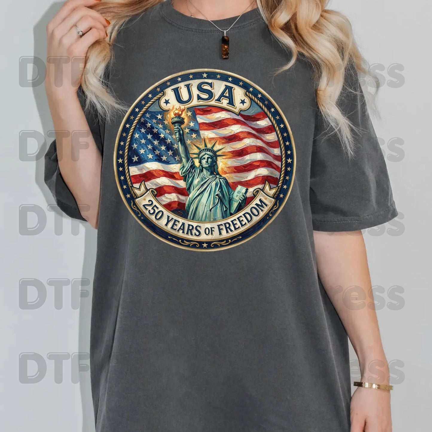 USA 250 Years of Freedom DTF Transfer Ready to Press Statue of Liberty Patriotic Anniversary Heat Transfer for Shirts 1776-2026 UV Sticker
