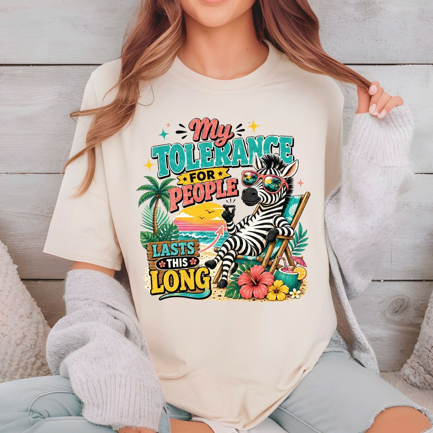 My Tolerance For People Lasts This Long Retro Zebra DTF Transfer Ready to Press Funny Summer UV DTF Sticker Sarcastic Beach Heat Transfer for Shirts