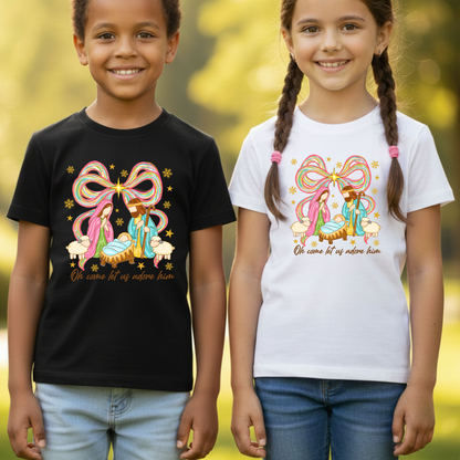 Nativity Comfort Colors T Shirts Oh Come Let Us Adore Him Tee Colorful Bow Christmas Cute Scene Shirt Religious Holy Night Graphic sweatshirt