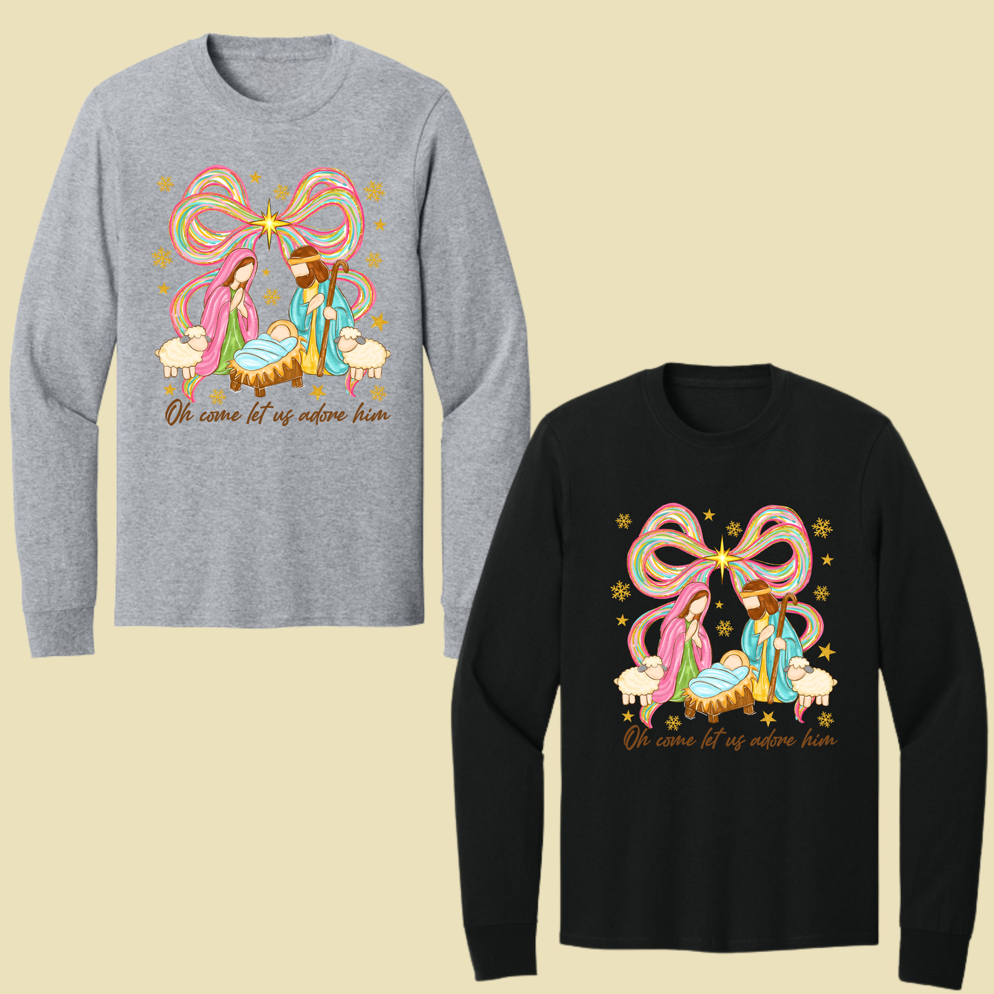 Nativity Comfort Colors T Shirts Oh Come Let Us Adore Him Tee Colorful Bow Christmas Cute Scene Shirt Religious Holy Night Graphic sweatshirt