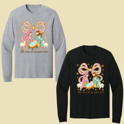 Nativity Comfort Colors T Shirts Oh Come Let Us Adore Him Tee Colorful Bow Christmas Cute Scene Shirt Religious Holy Night Graphic sweatshirt