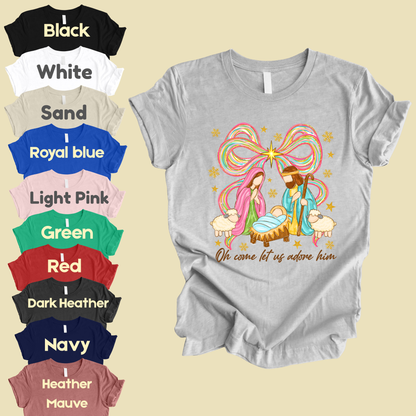 Nativity Comfort Colors T Shirts Oh Come Let Us Adore Him Tee Colorful Bow Christmas Cute Scene Shirt Religious Holy Night Graphic sweatshirt