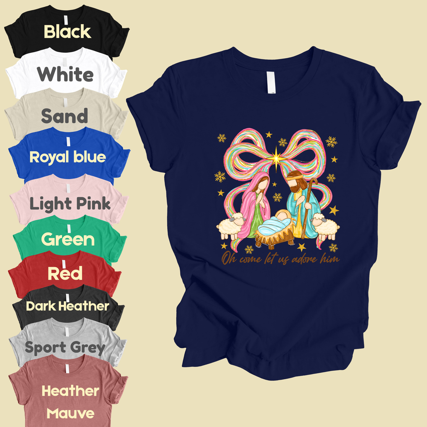 Nativity Comfort Colors T Shirts Oh Come Let Us Adore Him Tee Colorful Bow Christmas Cute Scene Shirt Religious Holy Night Graphic sweatshirt