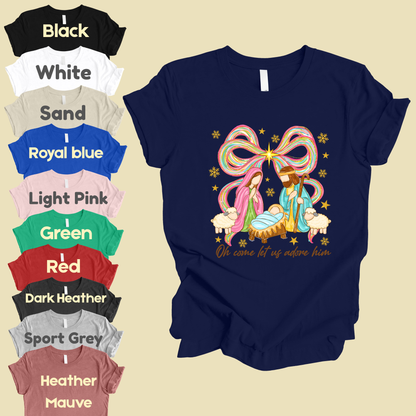 Nativity Comfort Colors T Shirts Oh Come Let Us Adore Him Tee Colorful Bow Christmas Cute Scene Shirt Religious Holy Night Graphic sweatshirt