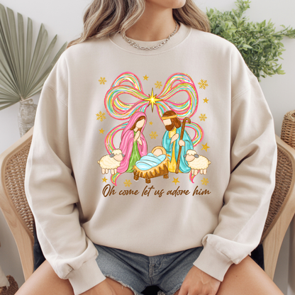 Nativity Comfort Colors T Shirts Oh Come Let Us Adore Him Tee Colorful Bow Christmas Cute Scene Shirt Religious Holy Night Graphic sweatshirt