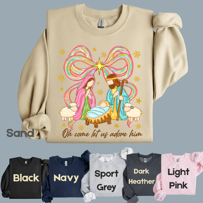 Nativity Comfort Colors T Shirts Oh Come Let Us Adore Him Tee Colorful Bow Christmas Cute Scene Shirt Religious Holy Night Graphic sweatshirt