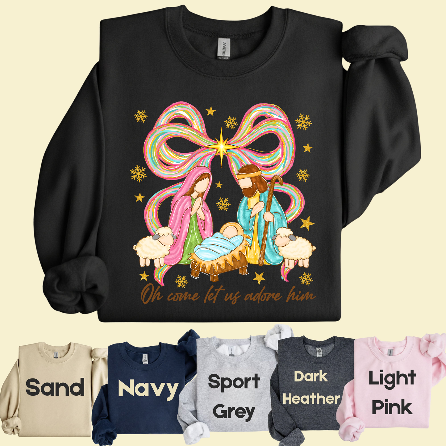 Nativity Comfort Colors T Shirts Oh Come Let Us Adore Him Tee Colorful Bow Christmas Cute Scene Shirt Religious Holy Night Graphic sweatshirt