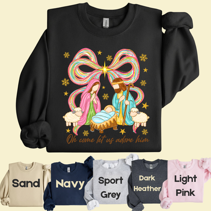Nativity Comfort Colors T Shirts Oh Come Let Us Adore Him Tee Colorful Bow Christmas Cute Scene Shirt Religious Holy Night Graphic sweatshirt