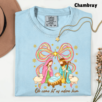 Nativity Comfort Colors T Shirts Oh Come Let Us Adore Him Tee Colorful Bow Christmas Cute Scene Shirt Religious Holy Night Graphic sweatshirt