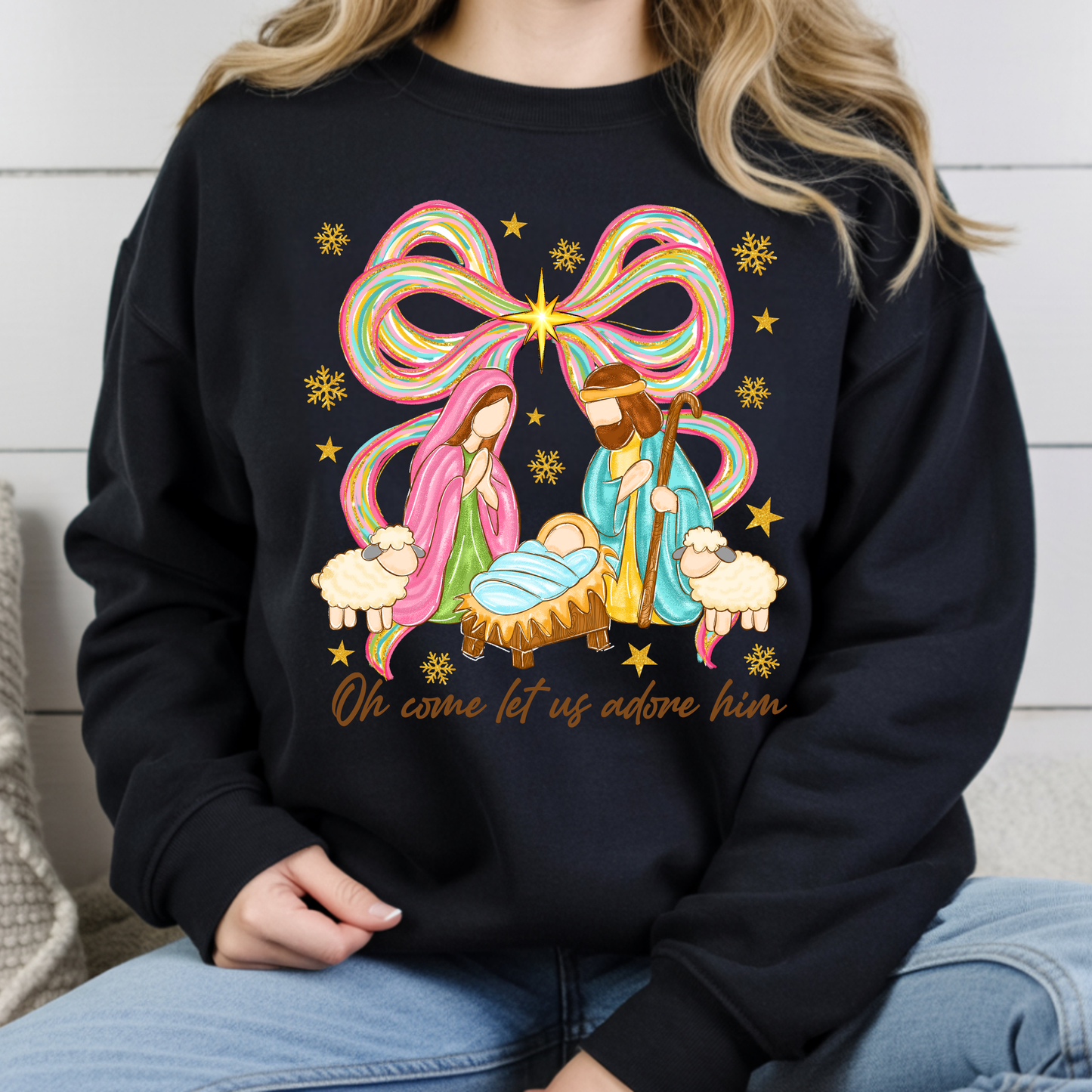 Nativity Comfort Colors T Shirts Oh Come Let Us Adore Him Tee Colorful Bow Christmas Cute Scene Shirt Religious Holy Night Graphic sweatshirt