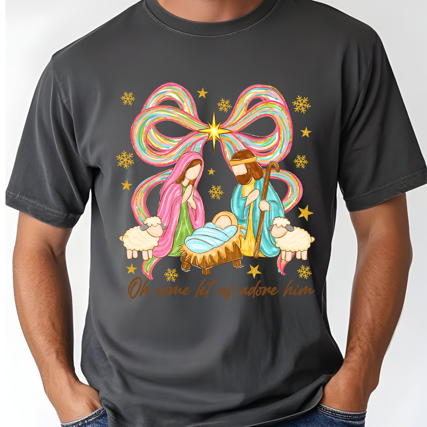 Nativity Comfort Colors T Shirts Oh Come Let Us Adore Him Tee Colorful Bow Christmas Cute Scene Shirt Religious Holy Night Graphic sweatshirt
