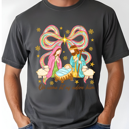 Nativity Comfort Colors T Shirts Oh Come Let Us Adore Him Tee Colorful Bow Christmas Cute Scene Shirt Religious Holy Night Graphic sweatshirt