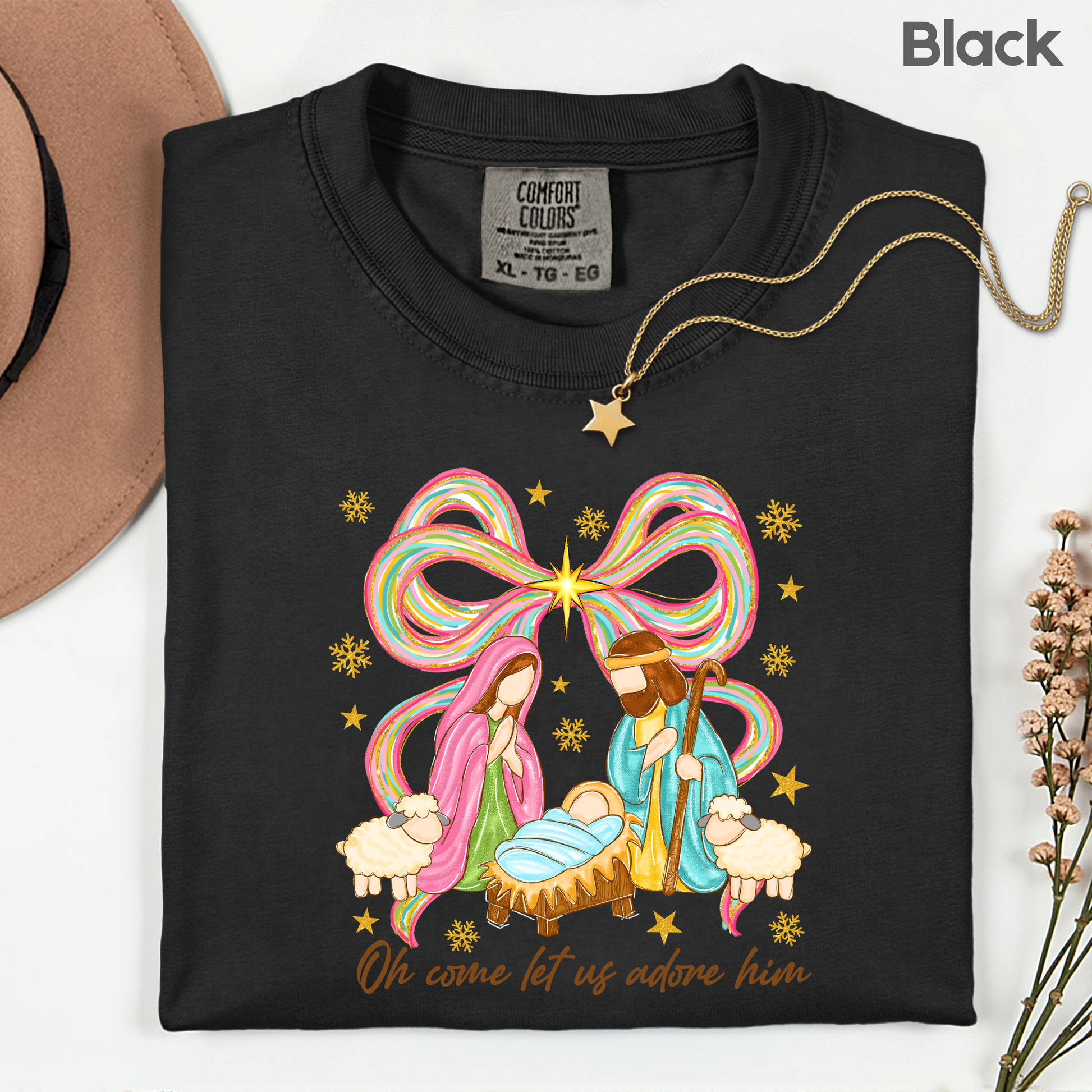 Nativity Comfort Colors T Shirts Oh Come Let Us Adore Him Tee Colorful Bow Christmas Cute Scene Shirt Religious Holy Night Graphic sweatshirt