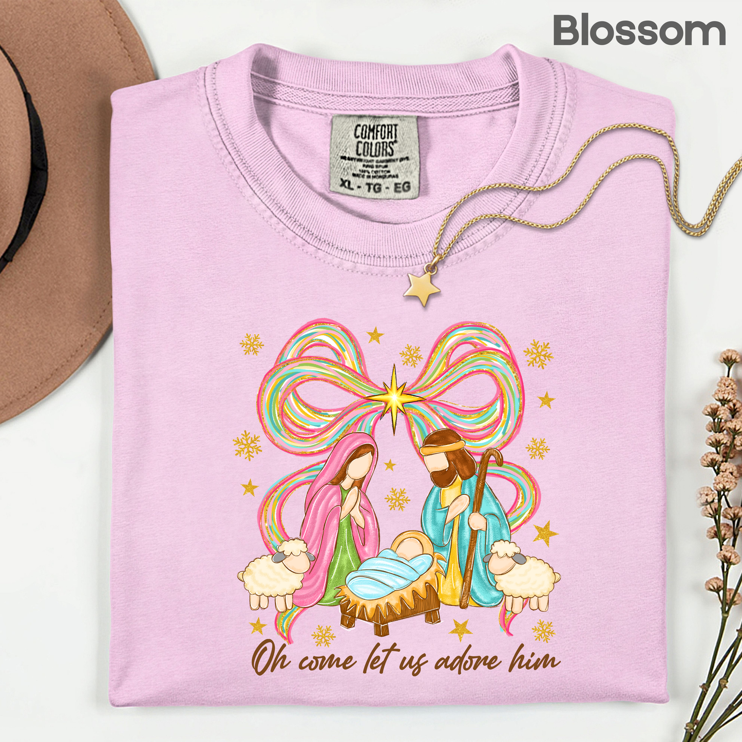 Nativity Comfort Colors T Shirts Oh Come Let Us Adore Him Tee Colorful Bow Christmas Cute Scene Shirt Religious Holy Night Graphic sweatshirt
