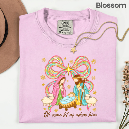 Nativity Comfort Colors T Shirts Oh Come Let Us Adore Him Tee Colorful Bow Christmas Cute Scene Shirt Religious Holy Night Graphic sweatshirt