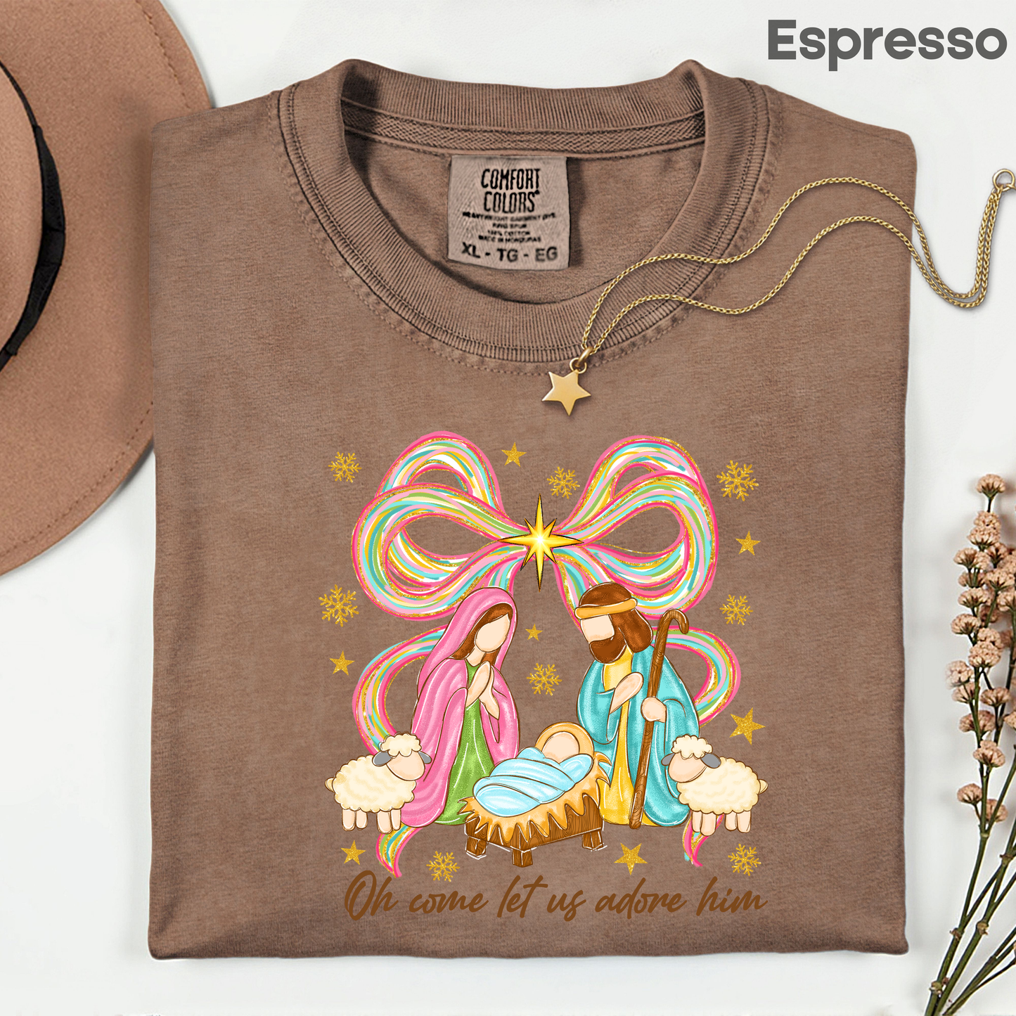 Nativity Comfort Colors T Shirts Oh Come Let Us Adore Him Tee Colorful Bow Christmas Cute Scene Shirt Religious Holy Night Graphic sweatshirt