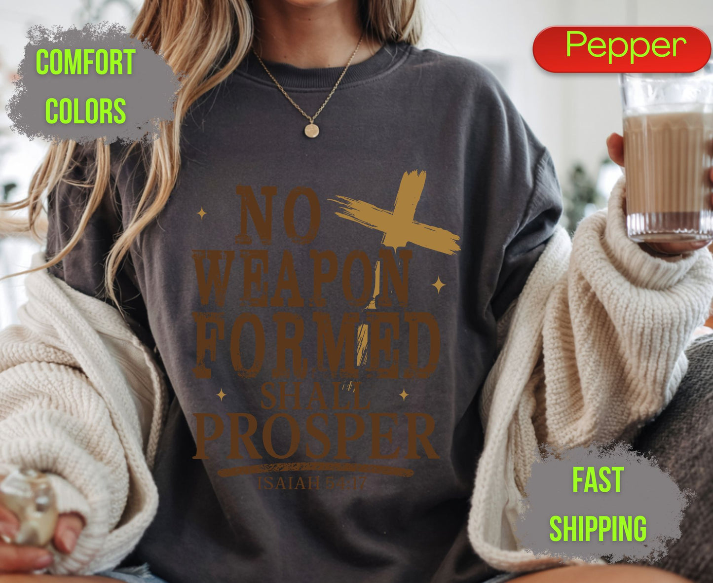 No Weapon Formed Shall Prosper Comfort Colors T Shirts Isaiah 54 17 Tee Christian Distressed Cross Shirt Religious Scripture Inspirational Gifts