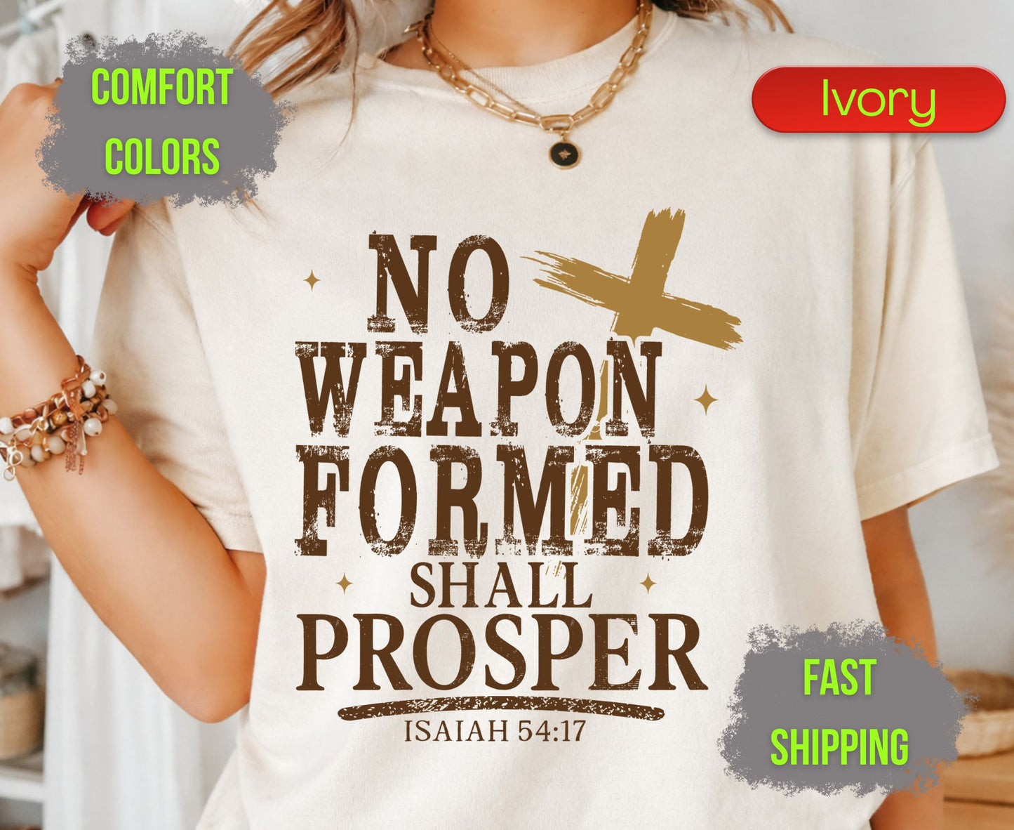 No Weapon Formed Shall Prosper Comfort Colors T Shirts Isaiah 54 17 Tee Christian Distressed Cross Shirt Religious Scripture Inspirational Gifts