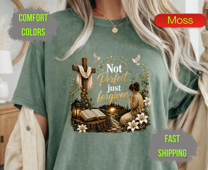 Not Perfect Just Forgiven Comfort Colors T Shirts Cute Christian Praying Woman Tee Easter Wooden Cross Shirt Religious Grace Bible Verse Gifts