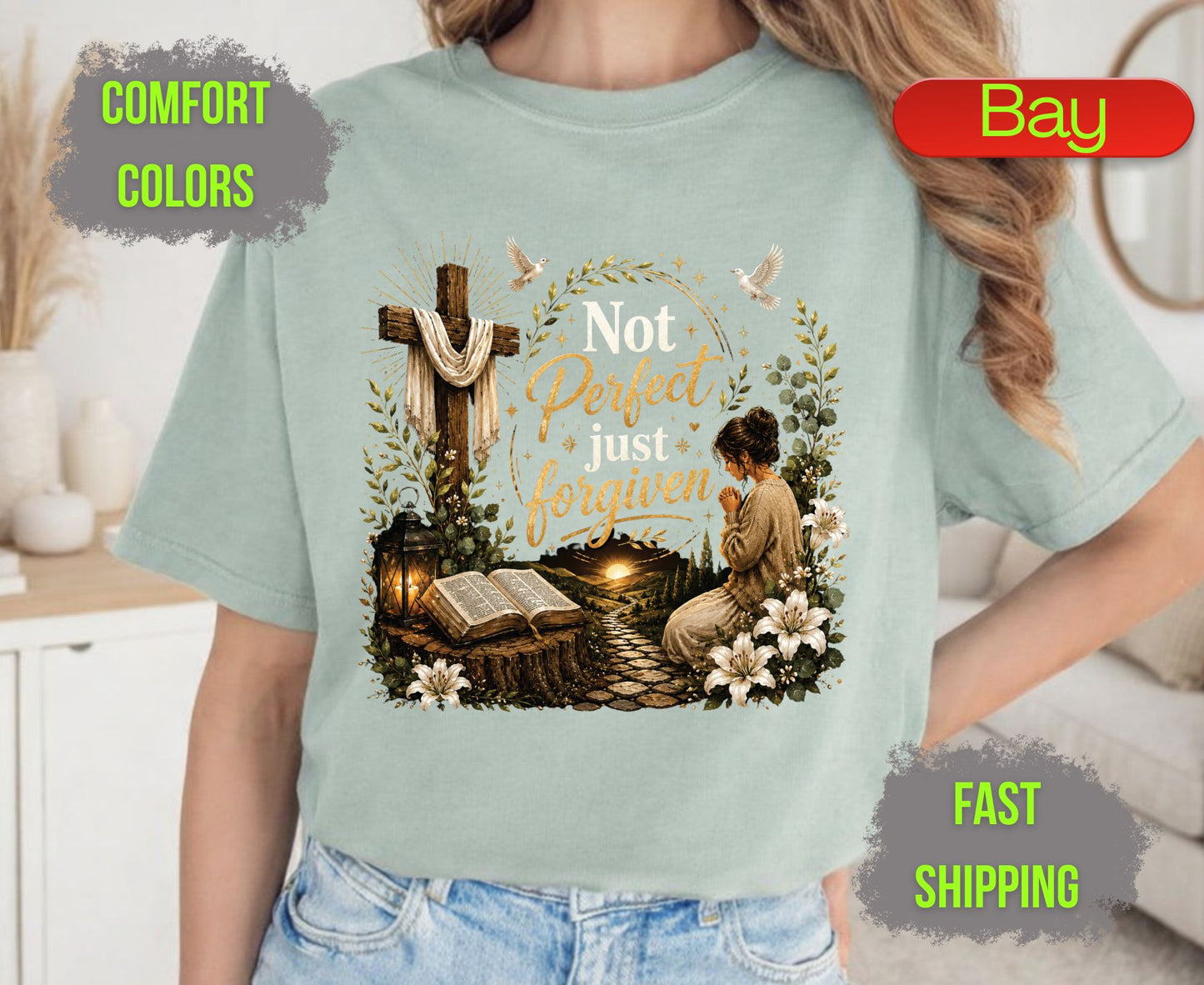 Not Perfect Just Forgiven Comfort Colors T Shirts Cute Christian Praying Woman Tee Easter Wooden Cross Shirt Religious Grace Bible Verse Gifts