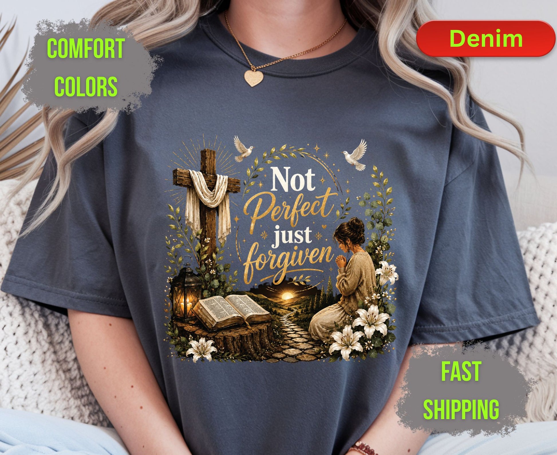 Not Perfect Just Forgiven Comfort Colors T Shirts Cute Christian Praying Woman Tee Easter Wooden Cross Shirt Religious Grace Bible Verse Gifts