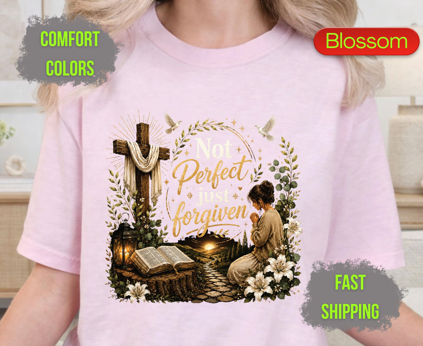 Not Perfect Just Forgiven Comfort Colors T Shirts Cute Christian Praying Woman Tee Easter Wooden Cross Shirt Religious Grace Bible Verse Gifts