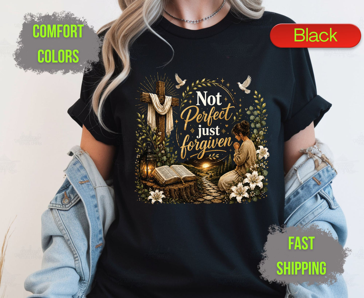 Not Perfect Just Forgiven Comfort Colors T Shirts Cute Christian Praying Woman Tee Easter Wooden Cross Shirt Religious Grace Bible Verse Gifts