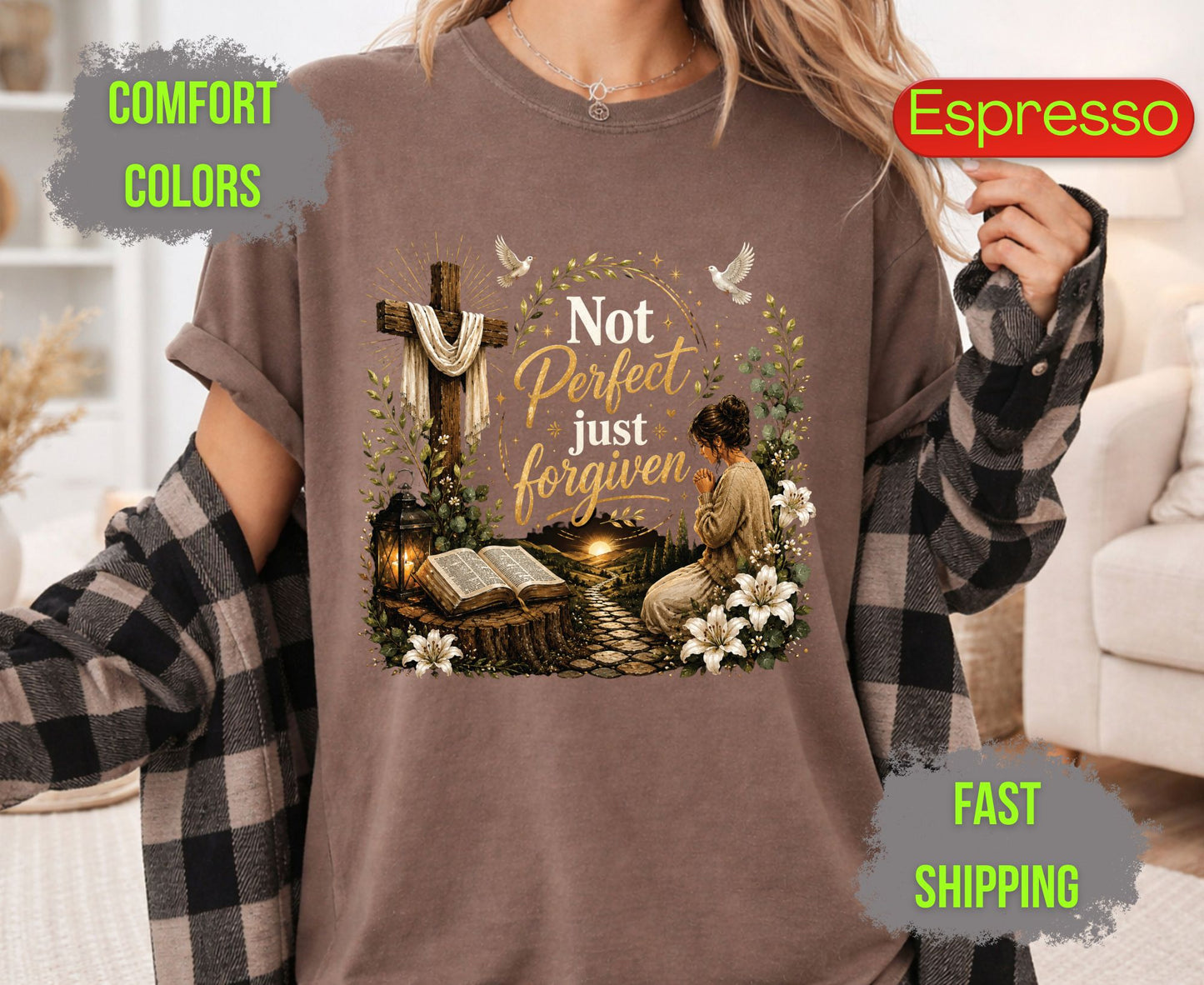 Not Perfect Just Forgiven Comfort Colors T Shirts Cute Christian Praying Woman Tee Easter Wooden Cross Shirt Religious Grace Bible Verse Gifts