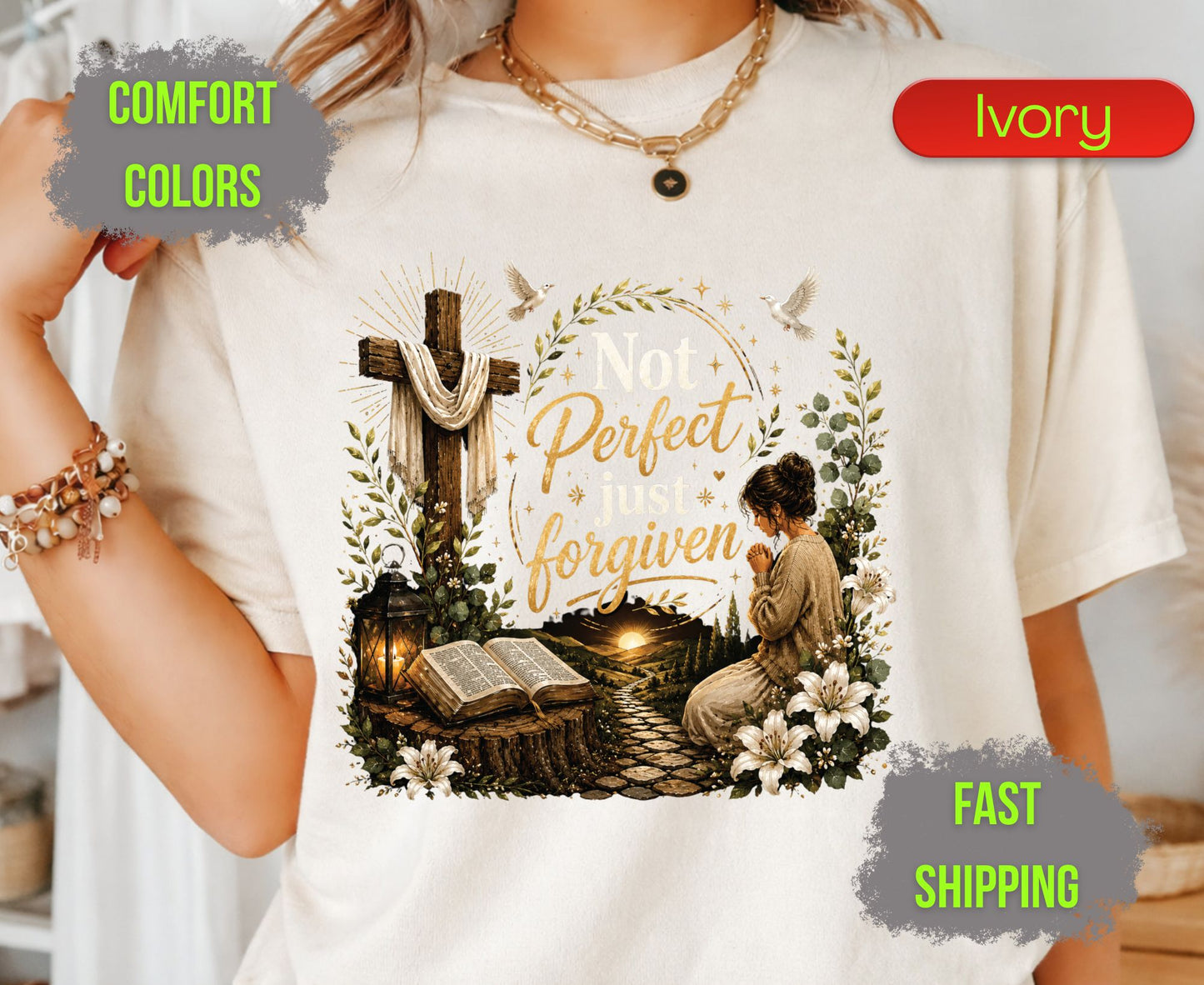 Not Perfect Just Forgiven Comfort Colors T Shirts Cute Christian Praying Woman Tee Easter Wooden Cross Shirt Religious Grace Bible Verse Gifts