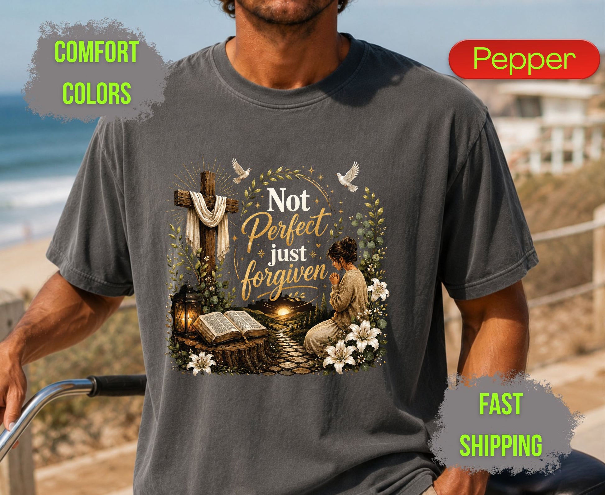 Not Perfect Just Forgiven Comfort Colors T Shirts Cute Christian Praying Woman Tee Easter Wooden Cross Shirt Religious Grace Bible Verse Gifts