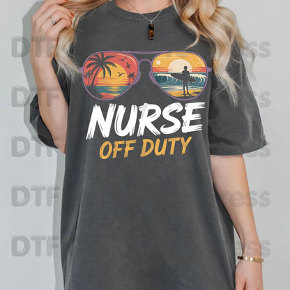 Nurse Off Duty Sunglasses Summer Vacation DTF Transfer Ready to Press Retro Beach Surfing Heat Transfer for Shirts UV Sticker Prints