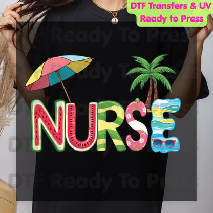 Nurse Summer Vacation DTF Transfer Ready to Press Watermelon Palm Tree Umbrella Heat Transfer for Shirts School Nurse UV Sticker Prints
