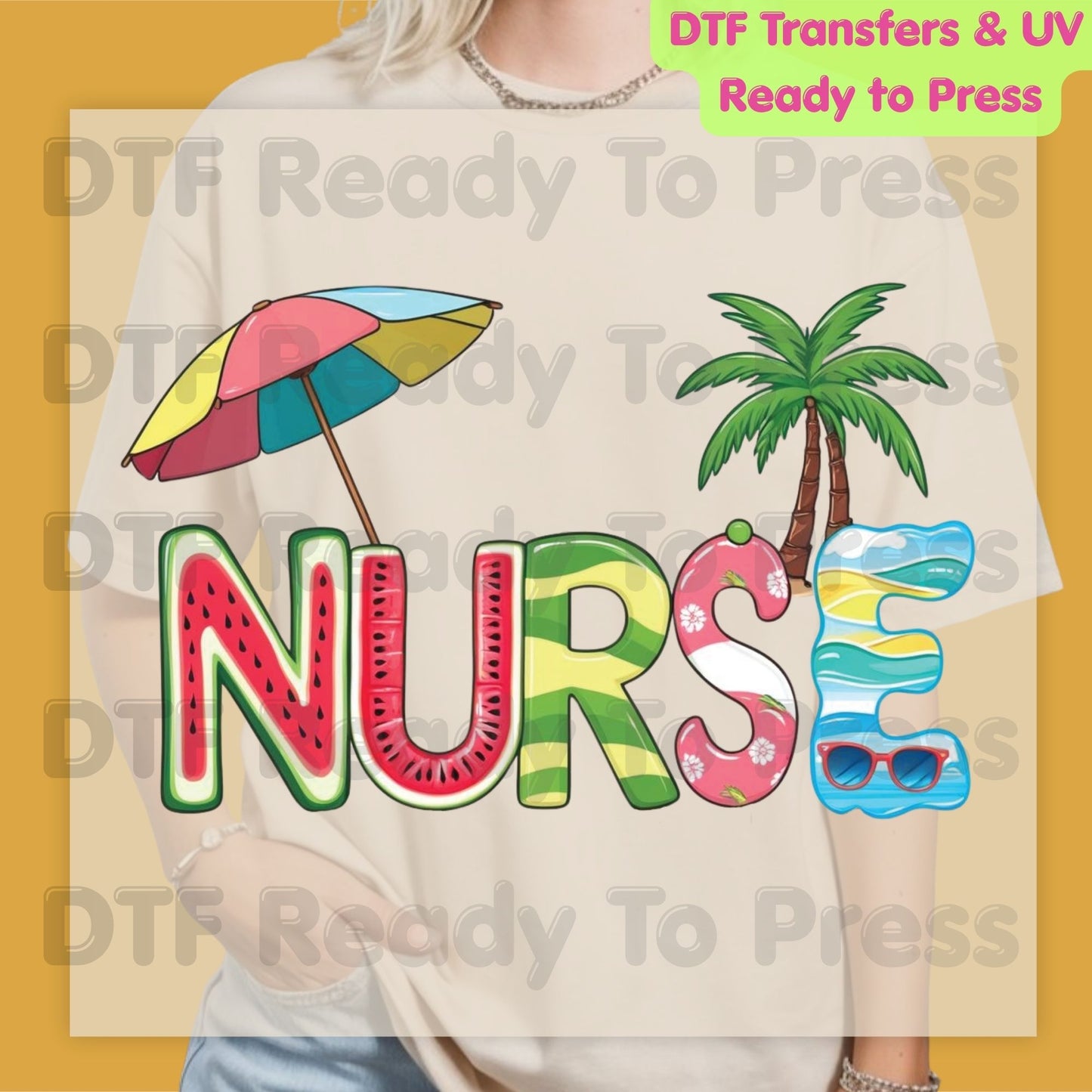 Nurse Summer Vacation DTF Transfer Ready to Press Watermelon Palm Tree Umbrella Heat Transfer for Shirts School Nurse UV Sticker Prints
