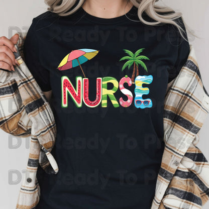 Nurse Summer Vacation DTF Transfer Ready to Press Watermelon Palm Tree Umbrella Heat Transfer for Shirts School Nurse UV Sticker Prints