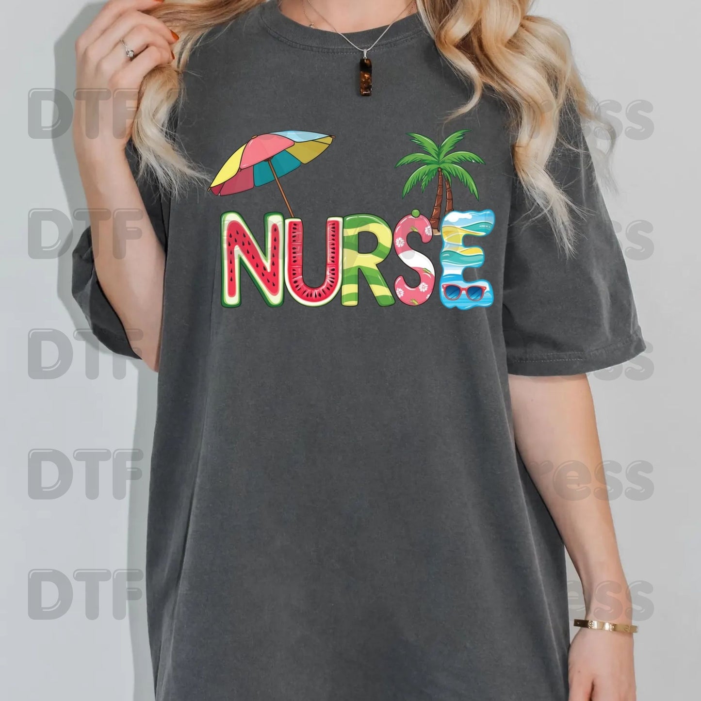 Nurse Summer Vacation DTF Transfer Ready to Press Watermelon Palm Tree Umbrella Heat Transfer for Shirts School Nurse UV Sticker Prints