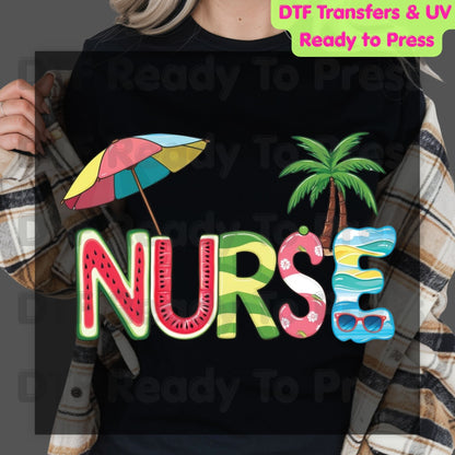 Nurse Summer Vacation DTF Transfer Ready to Press Watermelon Palm Tree Umbrella Heat Transfer for Shirts School Nurse UV Sticker Prints