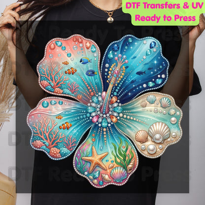 Ocean Life DTF Transfer Ready to Press Summer Beach Flower Seashell Coral Fish Heat Transfer for Shirts Coastal UV Sticker Prints
