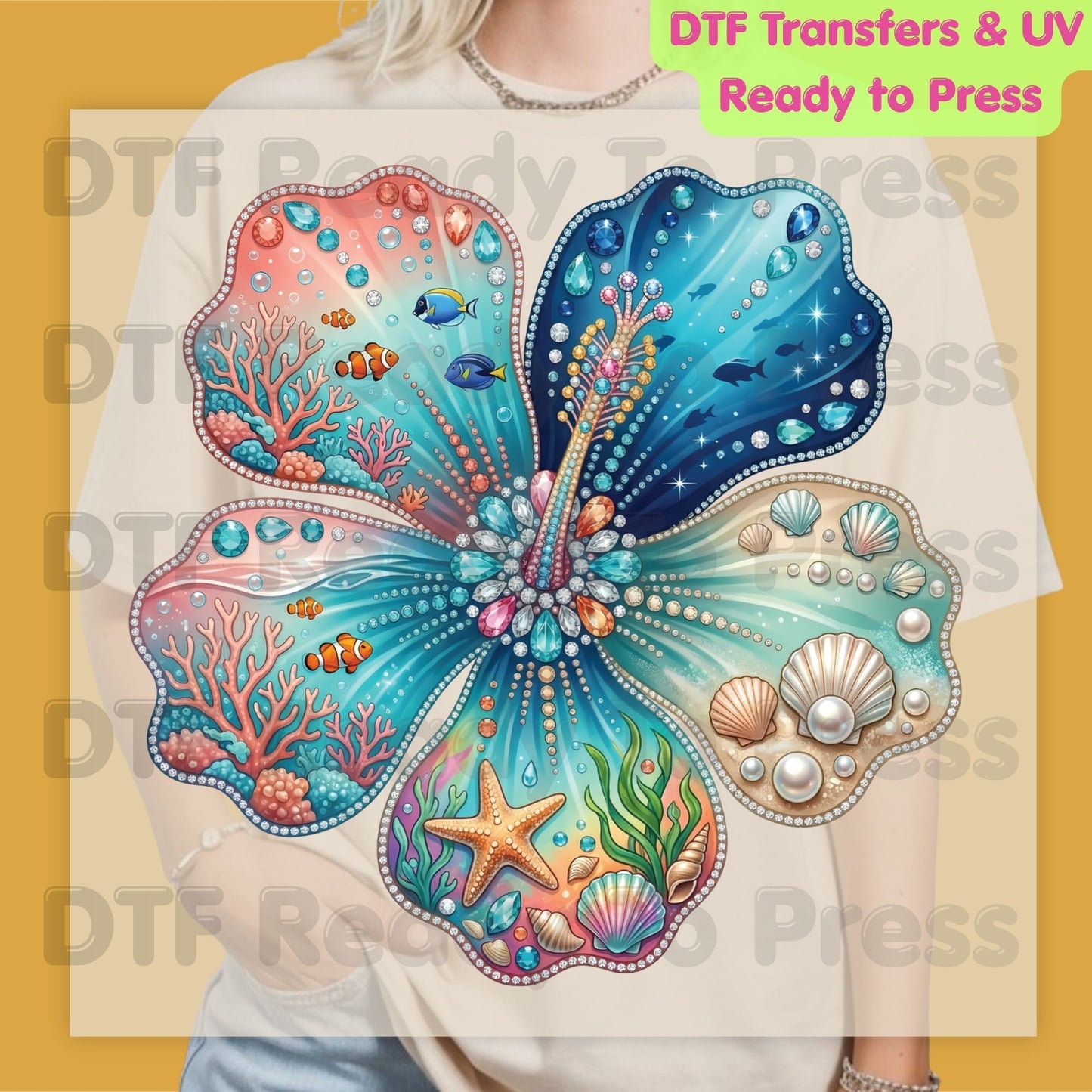 Ocean Life DTF Transfer Ready to Press Summer Beach Flower Seashell Coral Fish Heat Transfer for Shirts Coastal UV Sticker Prints