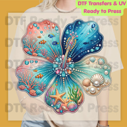 Ocean Life DTF Transfer Ready to Press Summer Beach Flower Seashell Coral Fish Heat Transfer for Shirts Coastal UV Sticker Prints
