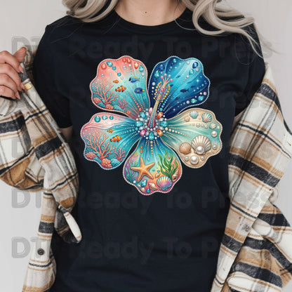 Ocean Life DTF Transfer Ready to Press Summer Beach Flower Seashell Coral Fish Heat Transfer for Shirts Coastal UV Sticker Prints