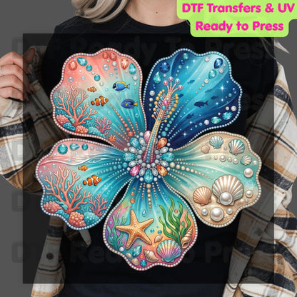 Ocean Life DTF Transfer Ready to Press Summer Beach Flower Seashell Coral Fish Heat Transfer for Shirts Coastal UV Sticker Prints