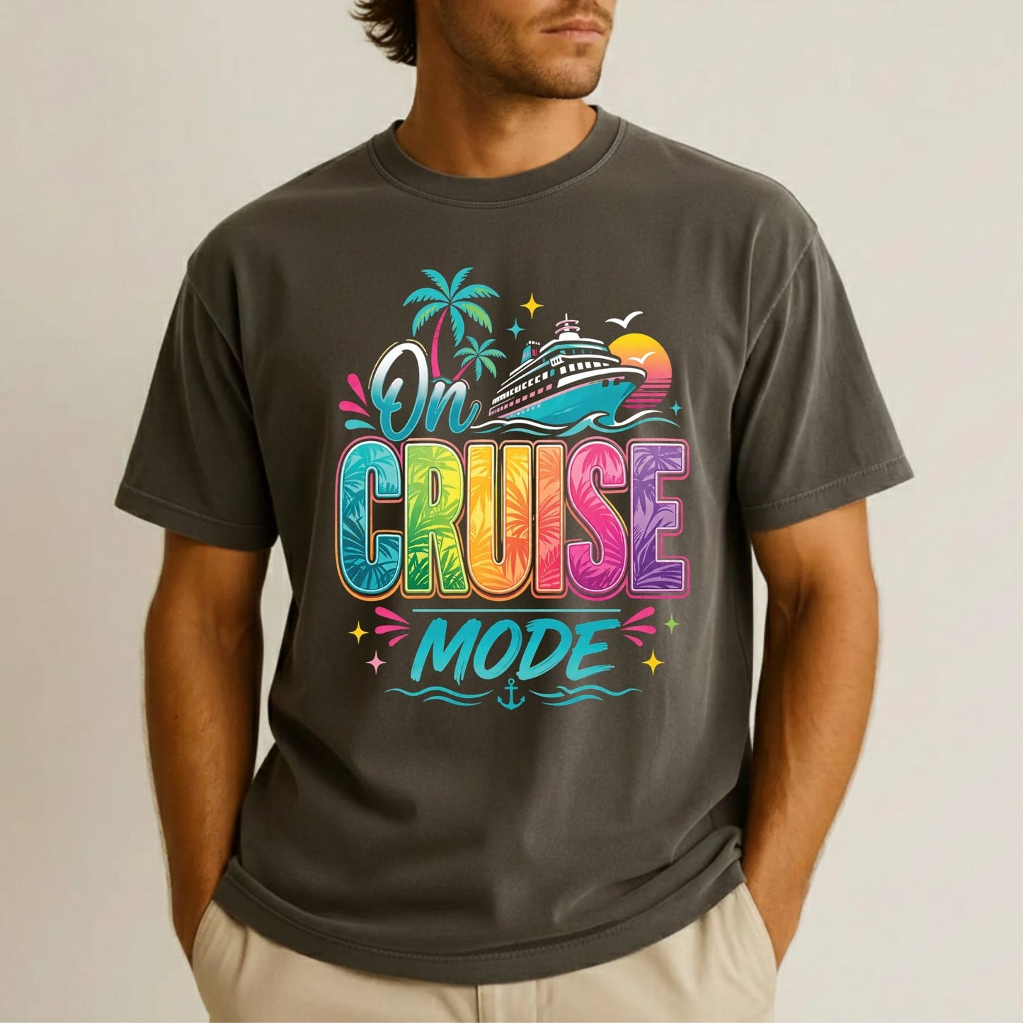 On Cruise Mode Retro Cruise Ship DTF Transfer Ready to Press Family Cruise Vacation UV DTF Sticker Ocean Liner & Palms Heat Transfer for Shirts
