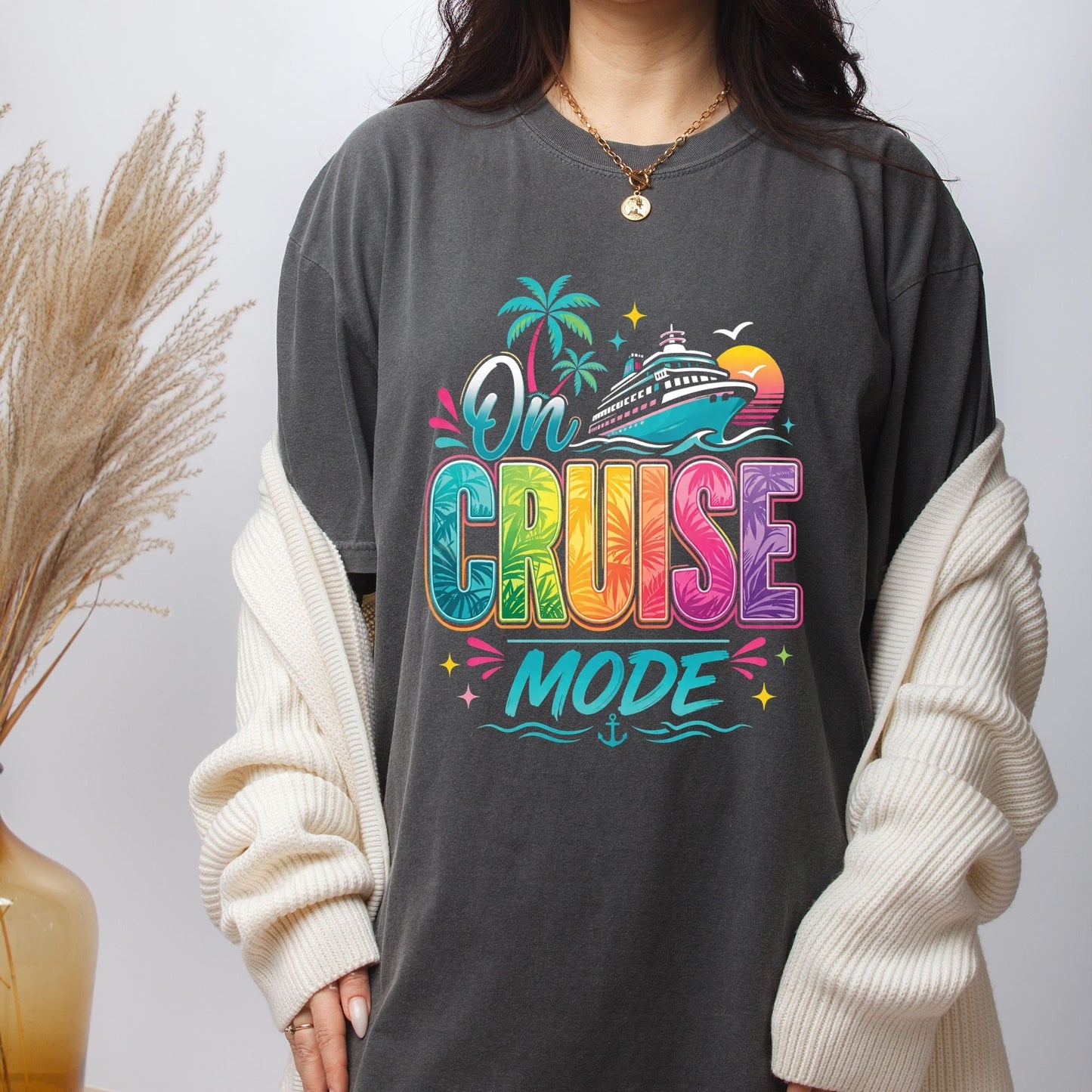 On Cruise Mode Retro Cruise Ship DTF Transfer Ready to Press Family Cruise Vacation UV DTF Sticker Ocean Liner & Palms Heat Transfer for Shirts