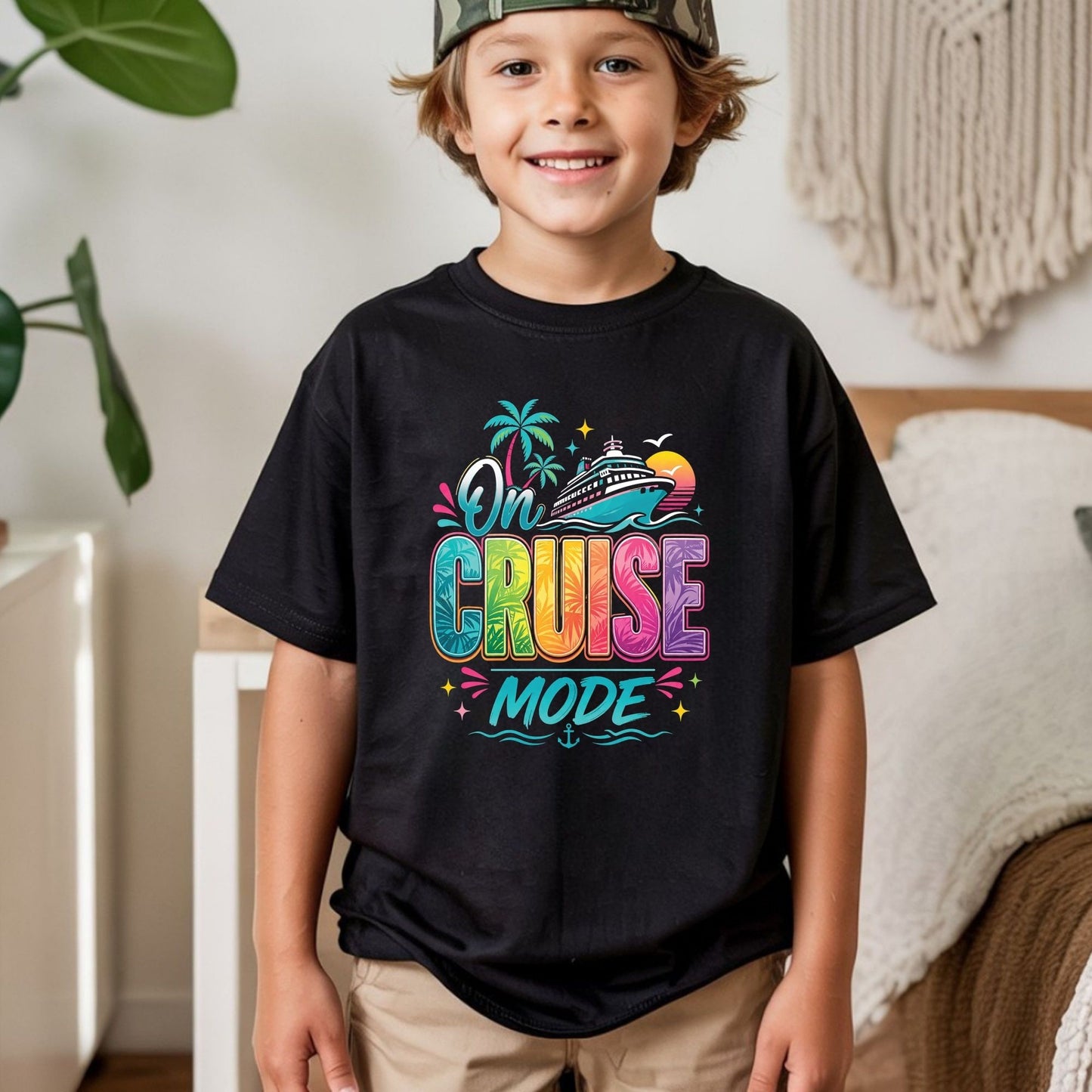 On Cruise Mode Retro Cruise Ship DTF Transfer Ready to Press Family Cruise Vacation UV DTF Sticker Ocean Liner & Palms Heat Transfer for Shirts