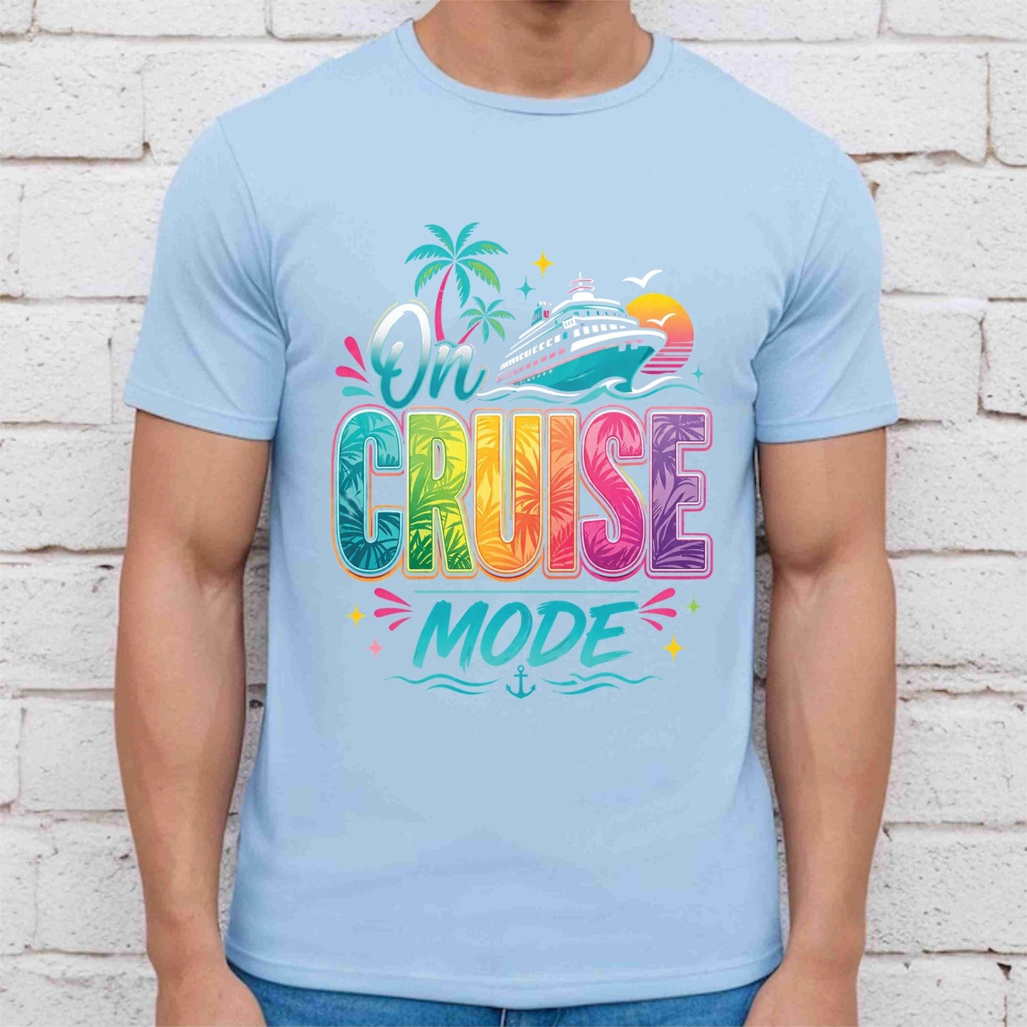 On Cruise Mode Retro Cruise Ship DTF Transfer Ready to Press Family Cruise Vacation UV DTF Sticker Ocean Liner & Palms Heat Transfer for Shirts