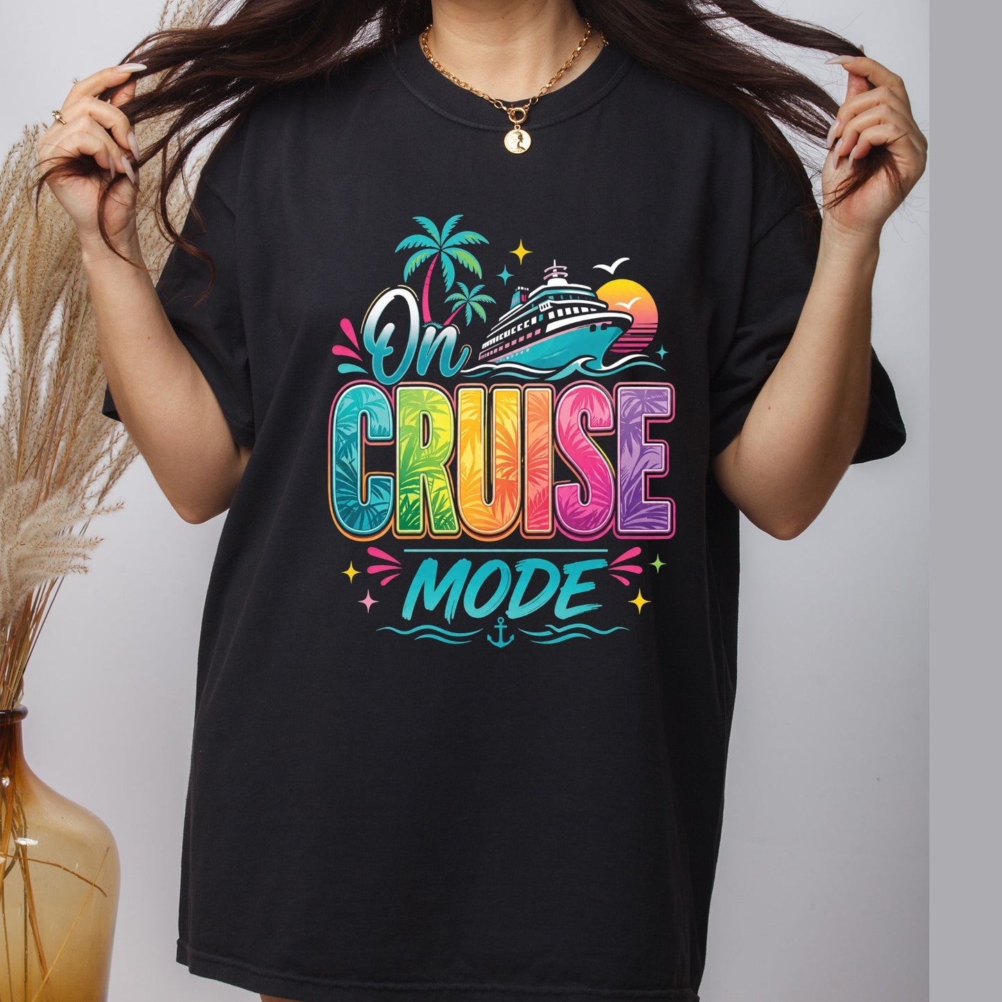 On Cruise Mode Retro Cruise Ship DTF Transfer Ready to Press Family Cruise Vacation UV DTF Sticker Ocean Liner & Palms Heat Transfer for Shirts