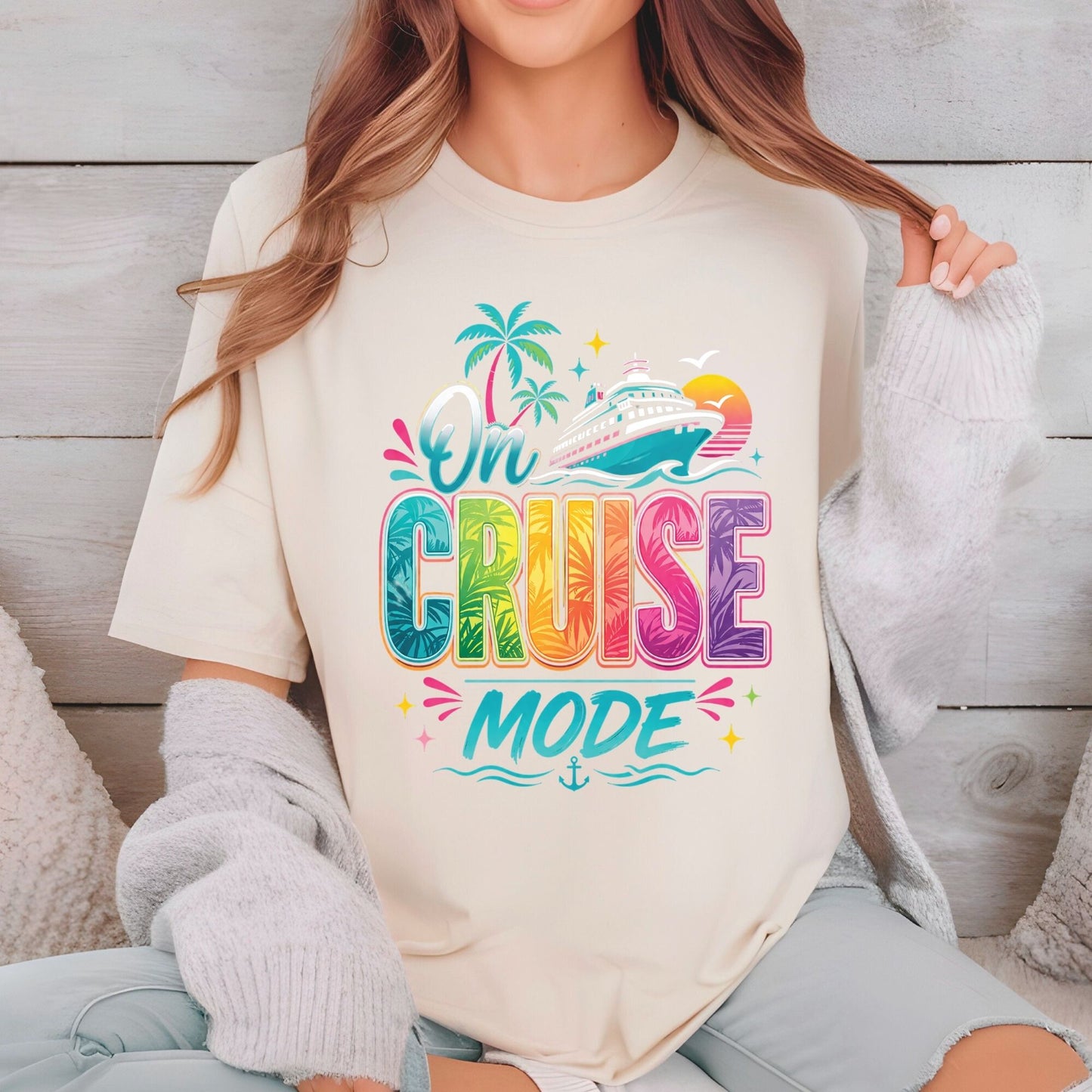 On Cruise Mode Retro Cruise Ship DTF Transfer Ready to Press Family Cruise Vacation UV DTF Sticker Ocean Liner & Palms Heat Transfer for Shirts