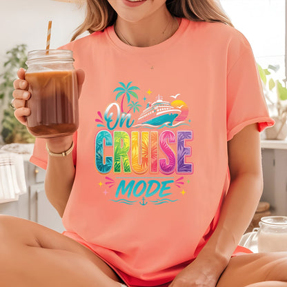 On Cruise Mode Retro Cruise Ship DTF Transfer Ready to Press Family Cruise Vacation UV DTF Sticker Ocean Liner & Palms Heat Transfer for Shirts